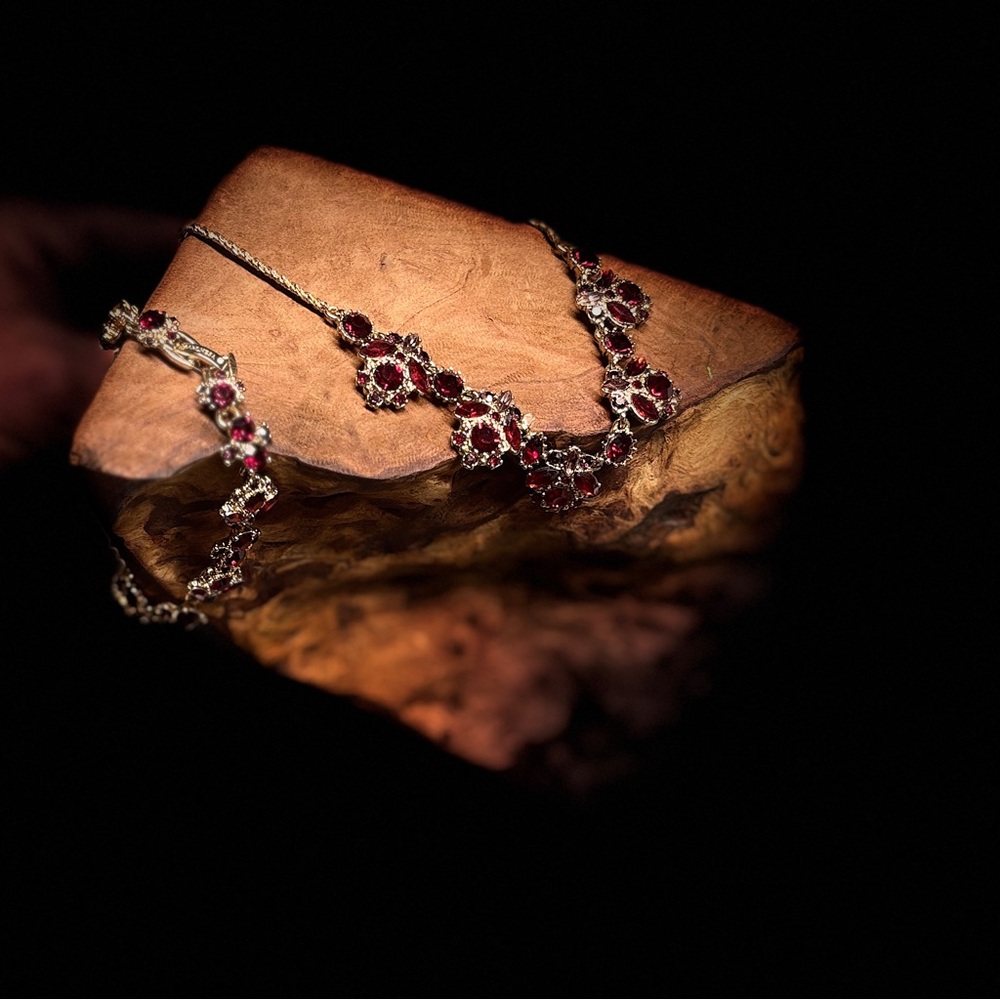 Red and Gold Marchesa Necklace and Bracelet set with Intricate Design